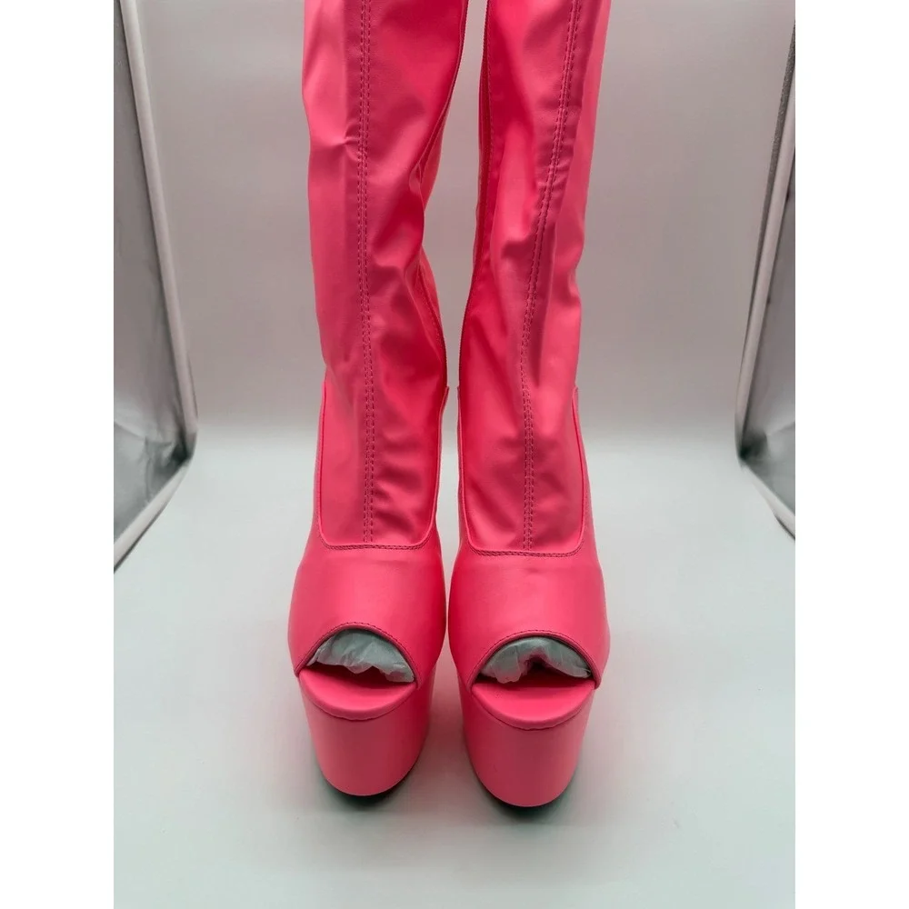 Ellie Neon Pink Peep Toe Platform Boots Knee High Stiletto Heel 11